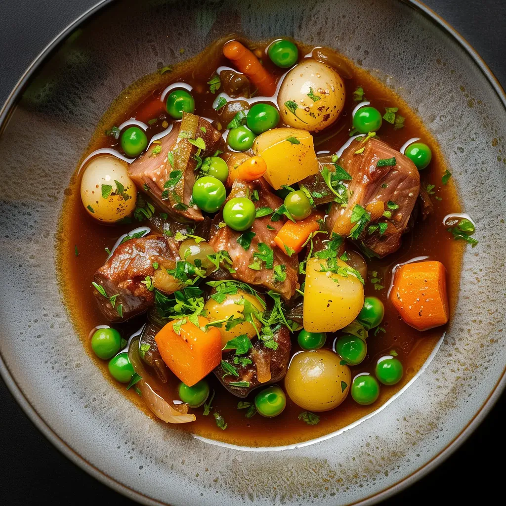 Assiette garnie de légumes variés, agneau mijoté, pois frais, carottes et navets dans un délicieux bouillon savoureux.