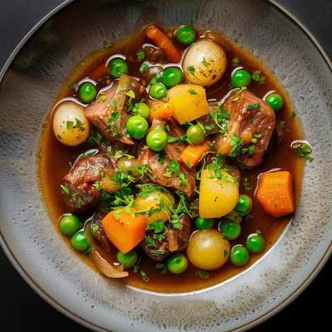 Assiette garnie de légumes variés, agneau mijoté, pois frais, carottes et navets dans un délicieux bouillon savoureux.