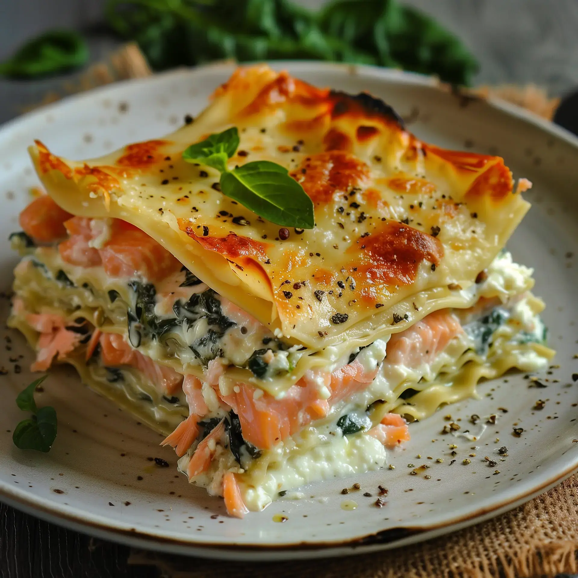 Lasagnes saumon fromage avec épinards, une touche de basilic pour la déco.