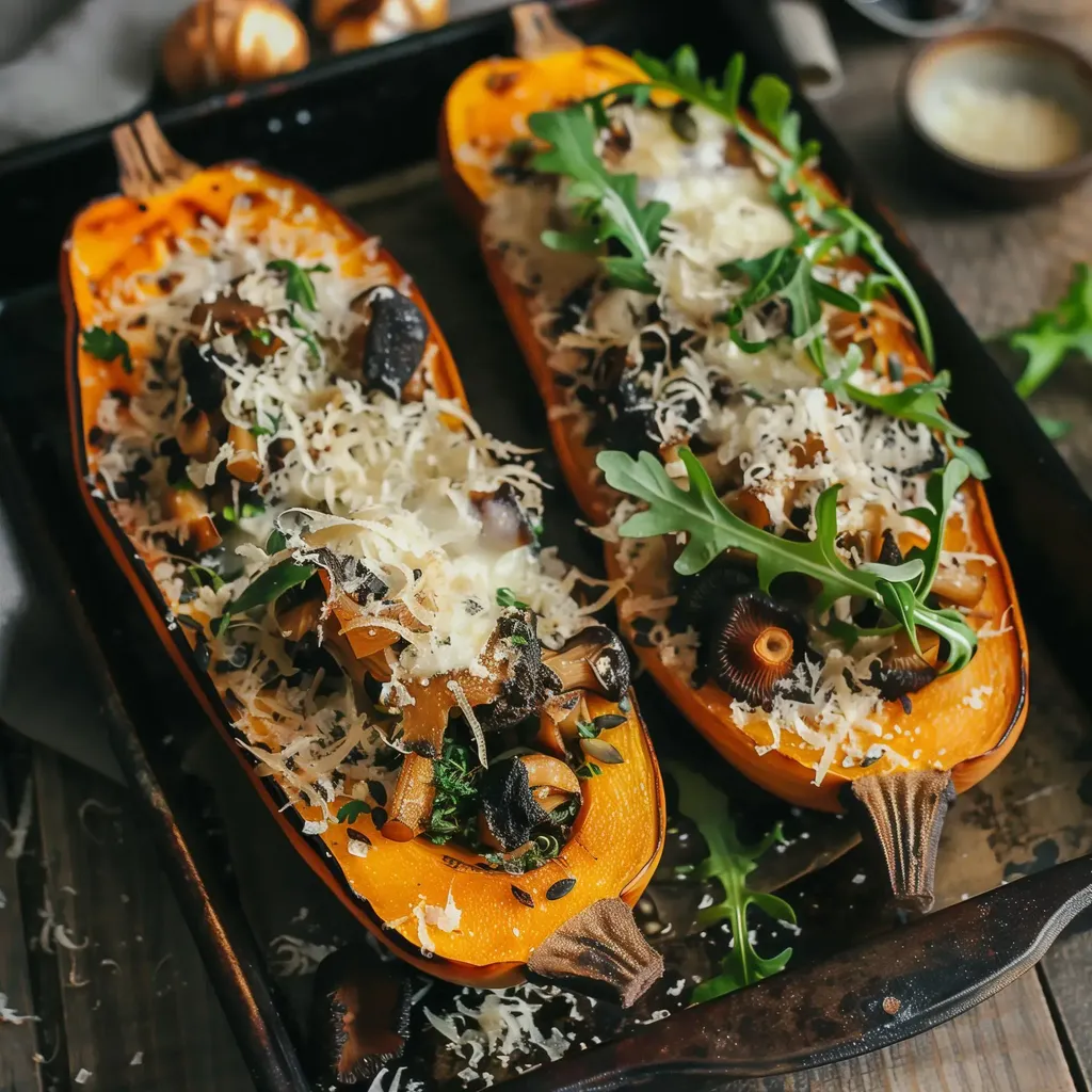 Moitiés de butternut rôties garnies d'un mélange aux champignons et fromage, servies dans un plat.