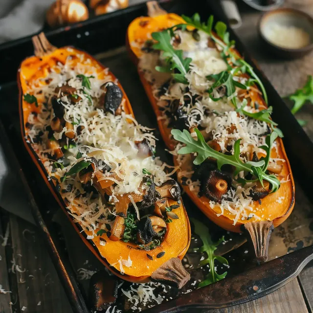 Moitiés de butternut rôties garnies d'un mélange aux champignons et fromage, servies dans un plat.