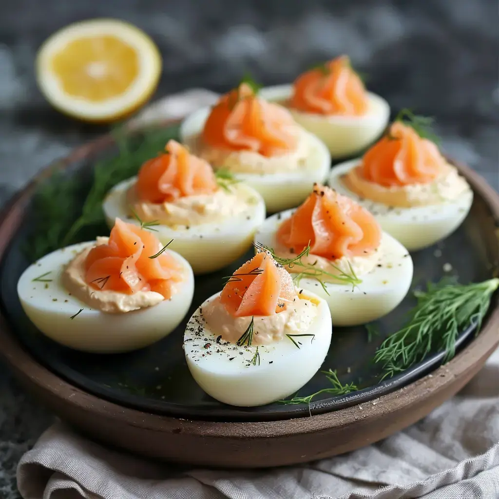Œufs durs farcis à la mousse au saumon fumé, sur une assiette noire avec un citron et de l'aneth en décor.