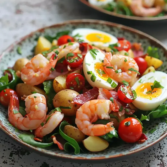Des ingrédients frais comme des tomates, crevettes, pommes de terre, œufs et mâche dans une assiette gourmande.
