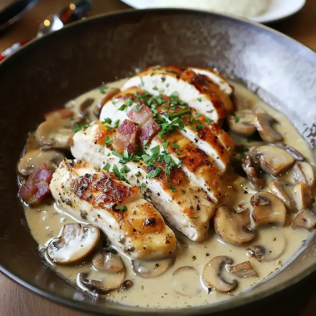 Poulet en sauce crémeuse avec champignons, lardons et une touche de persil.