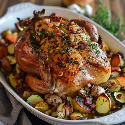 Une dinde dorée avec des herbes fraîches et lardons sur un lit de légumes colorés, idéale pour un repas festif.
