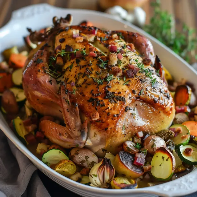 Une dinde dorée avec des herbes fraîches et lardons sur un lit de légumes colorés, idéale pour un repas festif.
