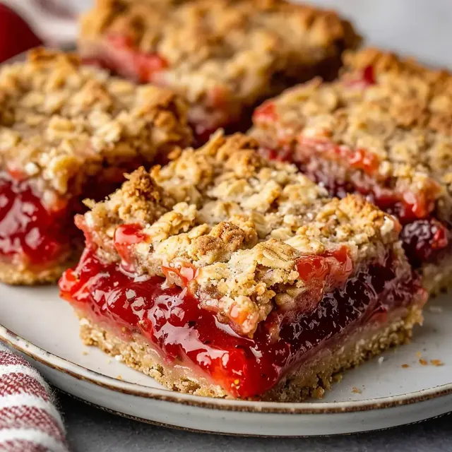 Carrés de fraises faits maison croustillants avec une base d'avoine servis sur une assiette.
