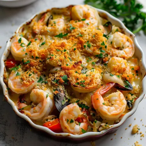Un délicieux gratin de fruits de mer avec des moules, des crevettes et une croûte dorée, orné de persil frais.