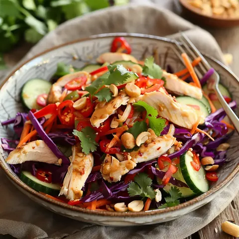 Un plat coloré avec du poulet grillé, des légumes frais comme du chou rouge, des carottes, des concombres, et des cacahuètes, agrémenté de coriandre.