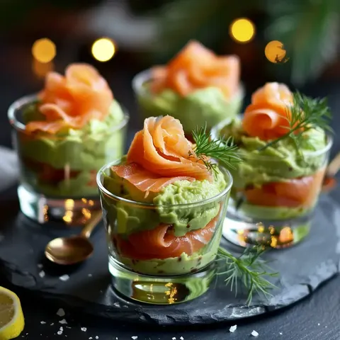 Verrines remplies de mousse d'avocat et saumon fumé, décorées de brins d'aneth.