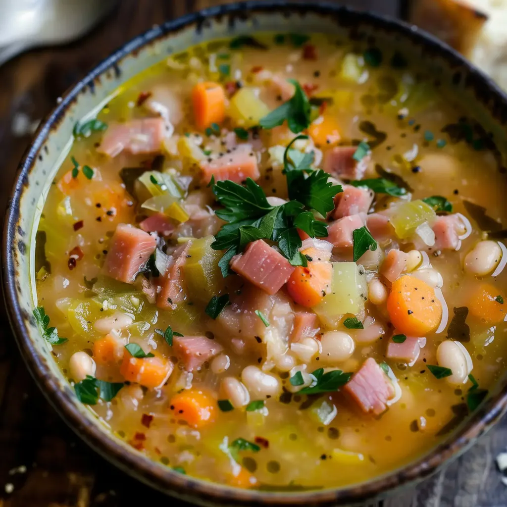 Un bol de légumes réconfortant, bien garni de jambon, carottes et herbes fraîches.