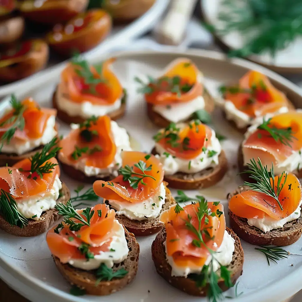 Plateau avec des toasts garnis de fromage frais et saumon fumé, décorés d'herbes aromatiques.