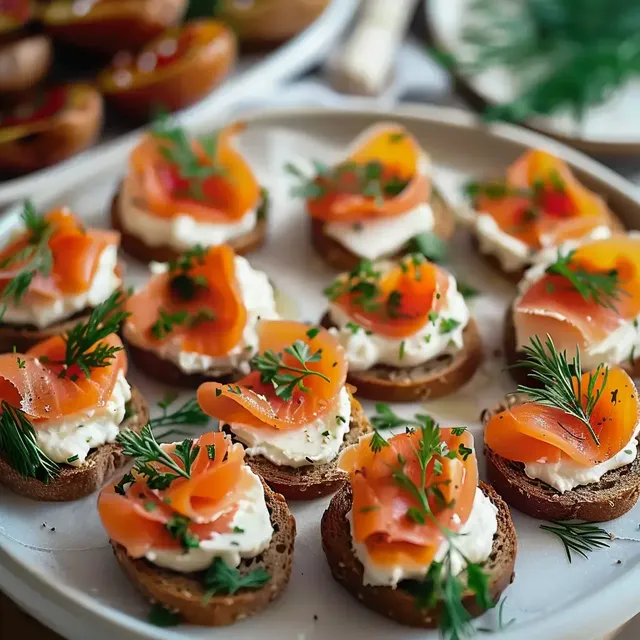 Plateau avec des toasts garnis de fromage frais et saumon fumé, décorés d'herbes aromatiques.