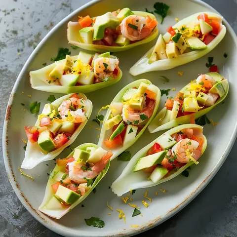 Endives accompagnées de crevettes, avocat et morceaux de pommes, servies élégamment.