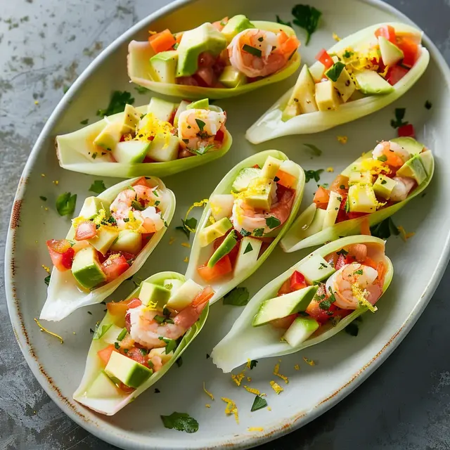 Endives accompagnées de crevettes, avocat et morceaux de pommes, servies élégamment.