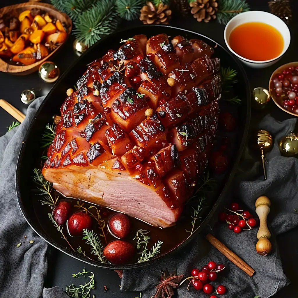 Jambon glacé avec herbes et fruits, ambiance chaleureuse.
