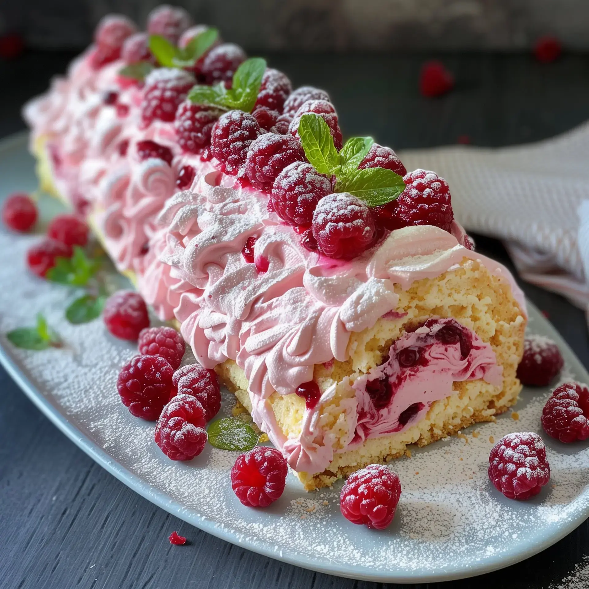 Bûche garnie de mascarpone et framboises fraîches, rehaussée de feuilles de menthe, prête à être dégustée.
