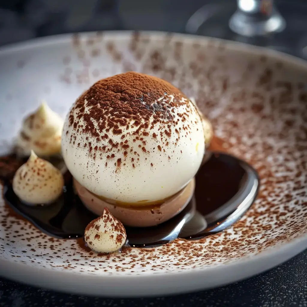 Un dessert raffiné sous forme de sphère recouverte de cacao, accompagné de crème et d’une sauce chocolatée.