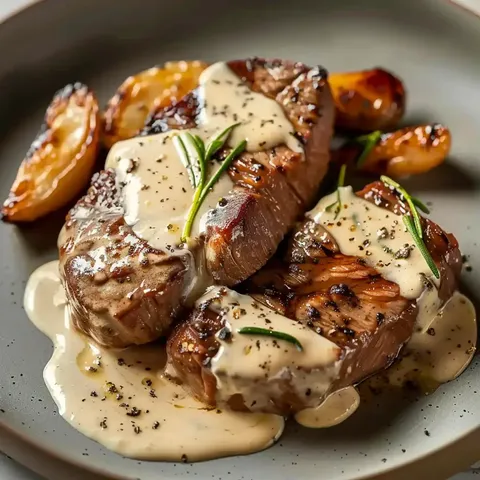 Deux pavés de viande recouverts de sauce crémeuse, avec des citrons rôtis, joliment dressés dans une assiette.