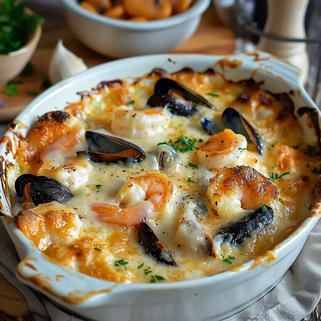 Cabillaud gratiné avec crevettes, moules et fromage, garni de persil frais.