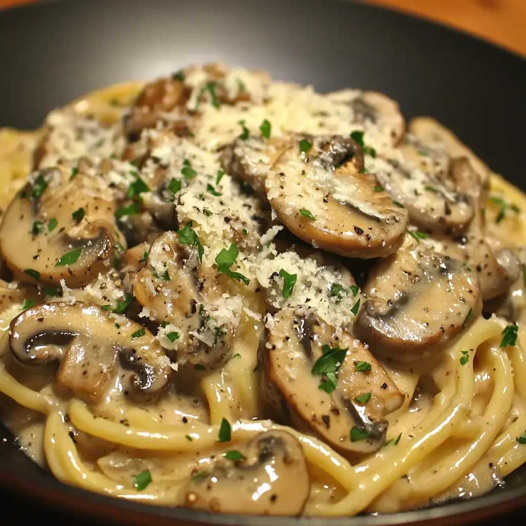 Champignons poêlés dans une sauce crémeuse au parmesan avec du persil frais.