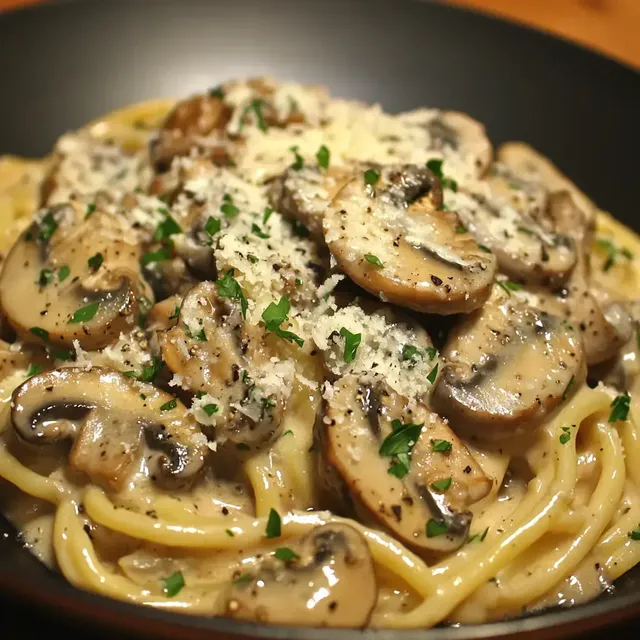 Champignons poêlés dans une sauce crémeuse au parmesan avec du persil frais.