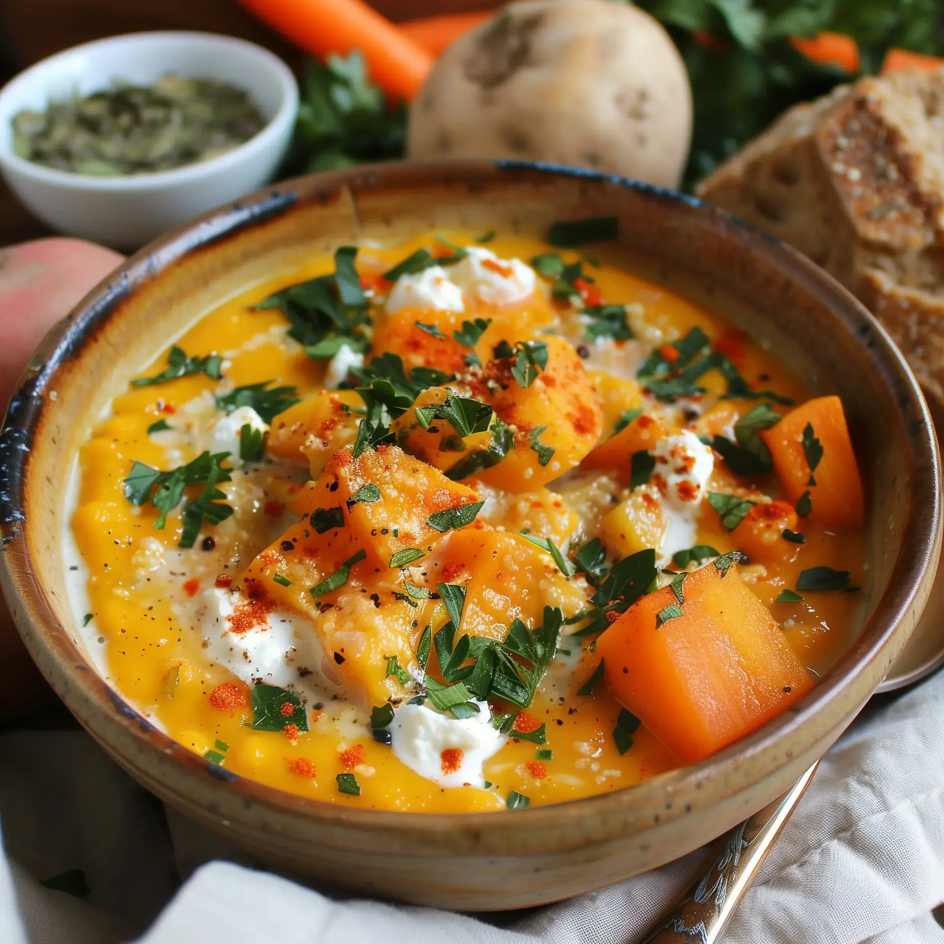 Un bol fumant de soupe douce et crémeuse, accompagné de pain frais et de légumes en décor.