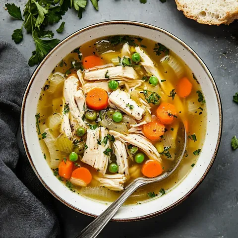 Une assiette de soupe avec des morceaux de poulet, des carottes et du céleri, décorée d'herbes.