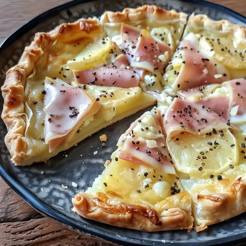 Une tarte salée généreusement garnie de fromage et servie avec des assaisonnements gourmands.