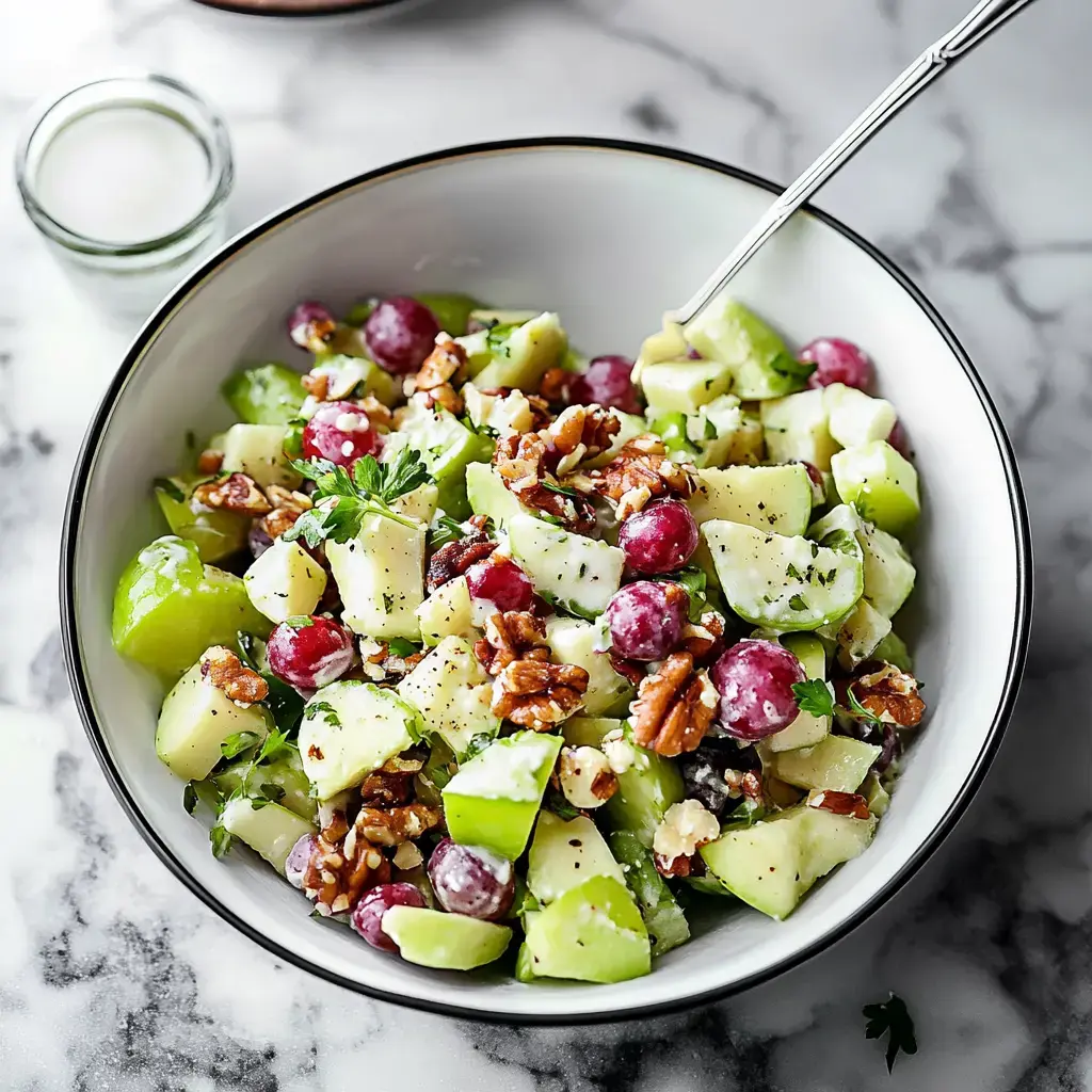 Une belle salade fraîche mêlant pommes, raisins, noix et céleri avec des herbes.