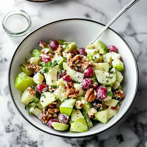Une belle salade fraîche mêlant pommes, raisins, noix et céleri avec des herbes.