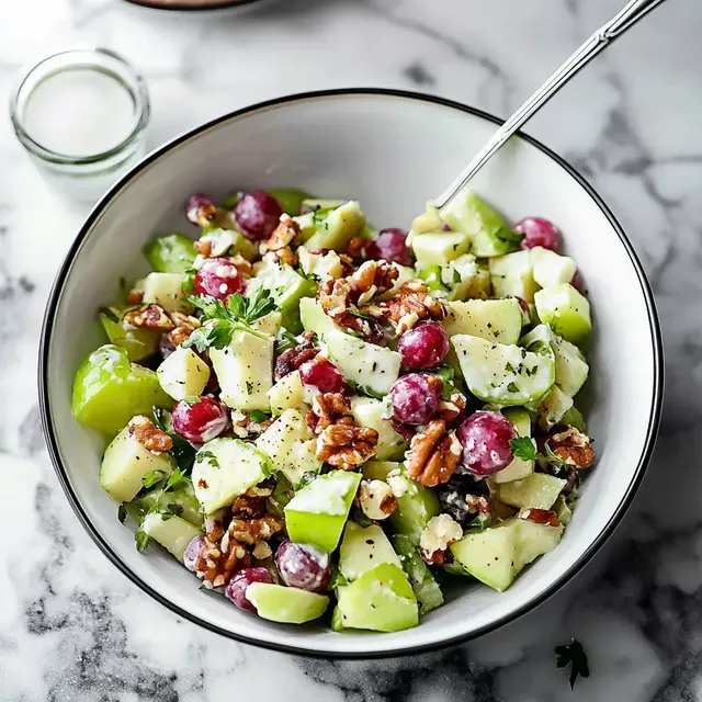 Une belle salade fraîche mêlant pommes, raisins, noix et céleri avec des herbes.