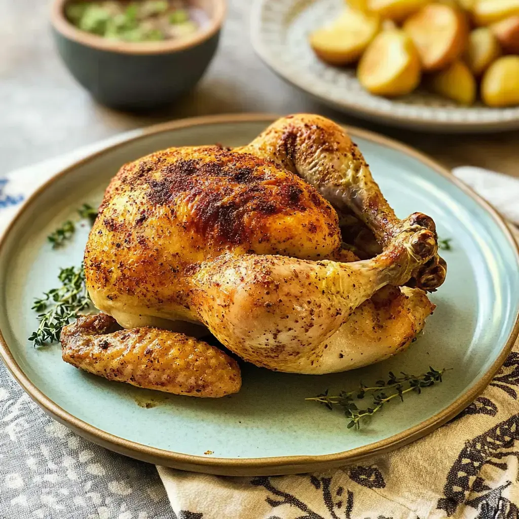 Un poulet doré croustillant entouré de branches de thym, présenté élégamment sur une assiette bleue.