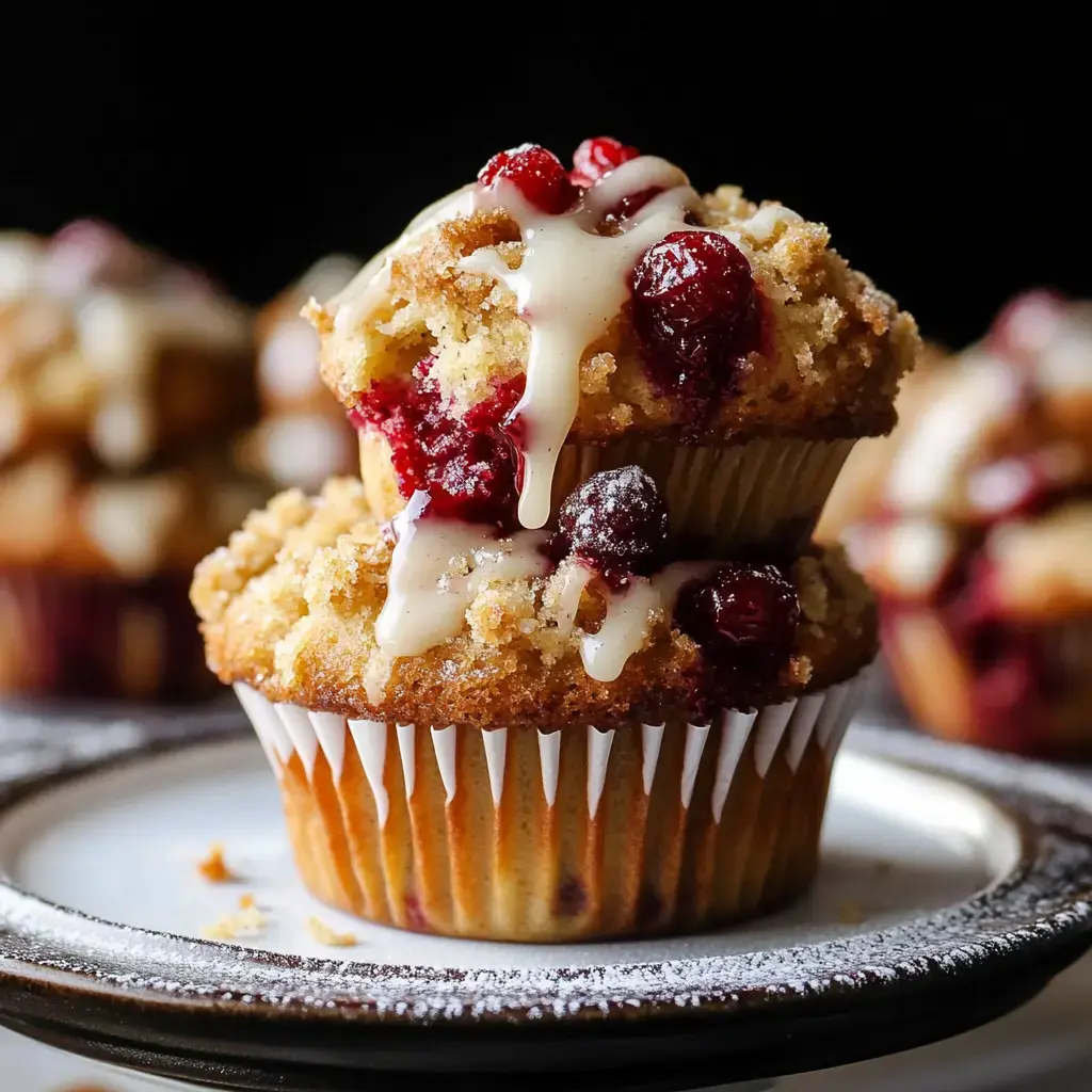 Deux petits gâteaux fruités avec crumble doré et glaçage maison sur une assiette.