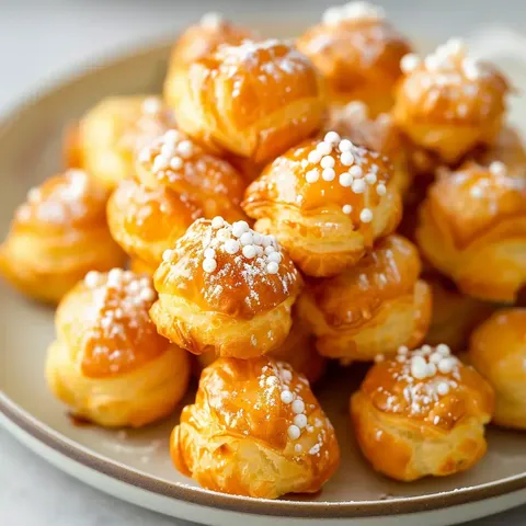 Un plat rempli de petits choux dorés garnis de sucre croquant et glace blanche.