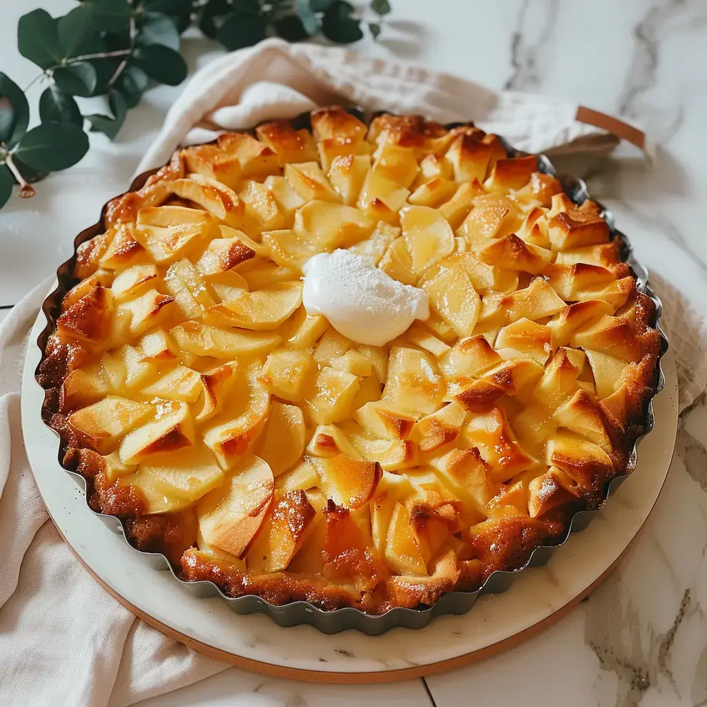 Un gâteau doré garni de tranches de pommes fondantes, servi avec une touche de crème sur une assiette.