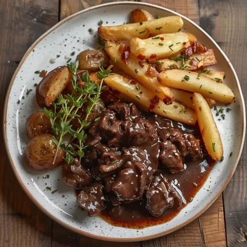 Viande mijotée avec pommes de terre et herbes fraîches dans une assiette blanche.