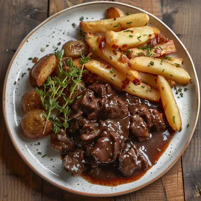 Viande mijotée avec pommes de terre et herbes fraîches dans une assiette blanche.
