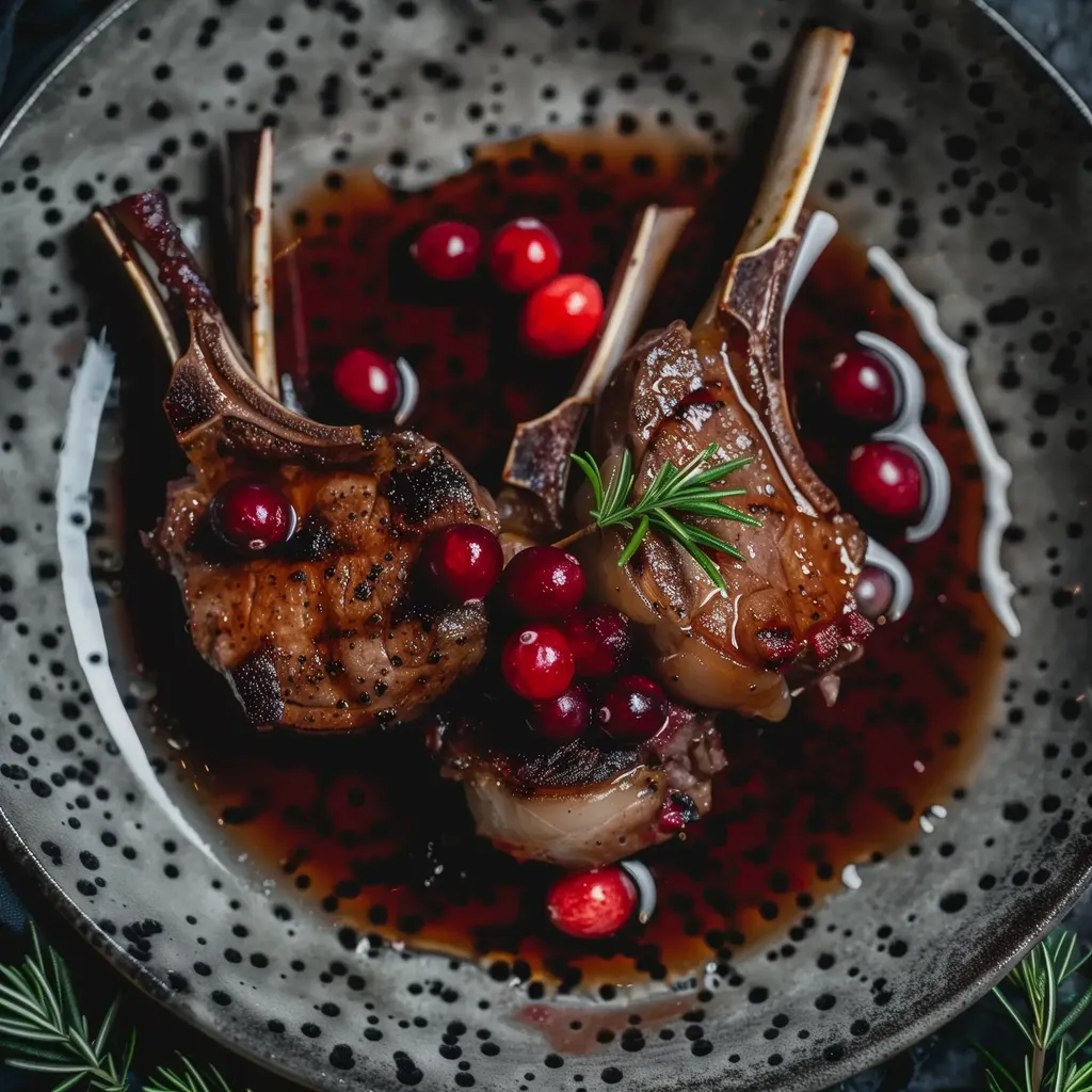 Côtelettes d'agneau grillées, nappées de canneberges et d'une sauce, sur une assiette élégante.