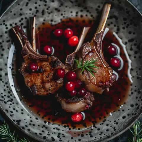 Côtelettes d'agneau grillées, nappées de canneberges et d'une sauce, sur une assiette élégante.