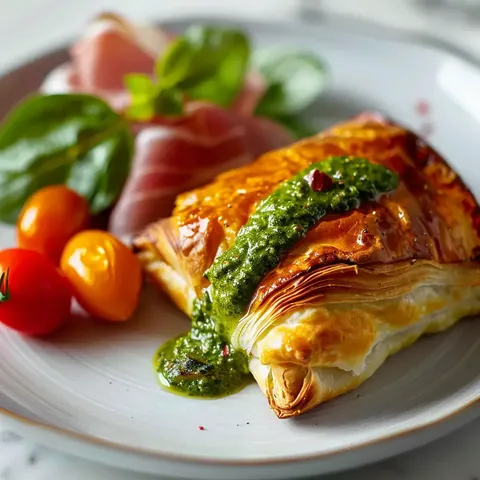 Chausson doré au pesto maison avec prosciutto et tomates cerises joliment dressés sur une assiette.