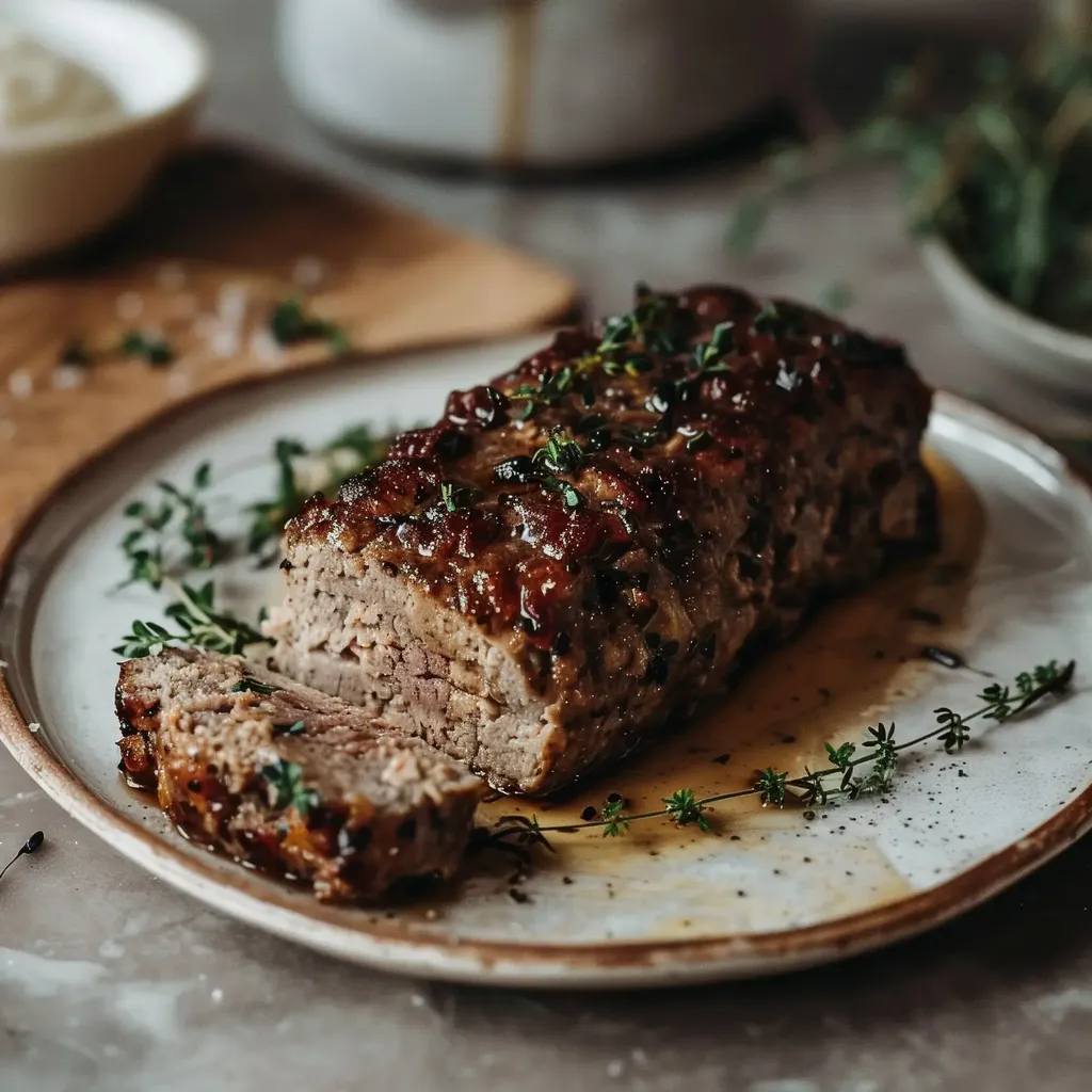 Pain de viande tranché, nappé de sauce avec garniture d'herbes, prêt à être dégusté.