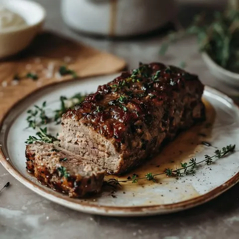 Pain de viande tranché, nappé de sauce avec garniture d'herbes, prêt à être dégusté.