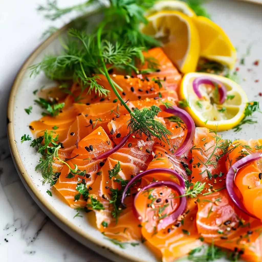 Tranches de saumon frais garnies de citron, herbes et rondelles d’oignons rouges.