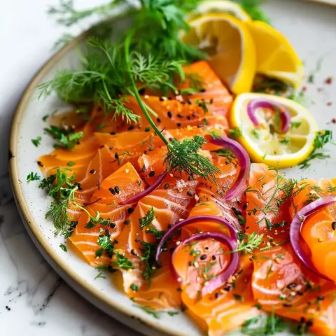 Tranches de saumon frais garnies de citron, herbes et rondelles d’oignons rouges.