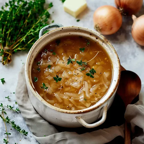 Un délicieux bol fumant de soupe aux oignons garni de thym frais, accompagnée de morceaux de beurre et d'oignons caramélisés.