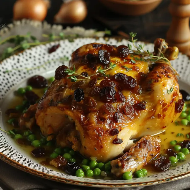 Poulet rôti doré avec raisins secs, posé sur un lit de petits pois verts.