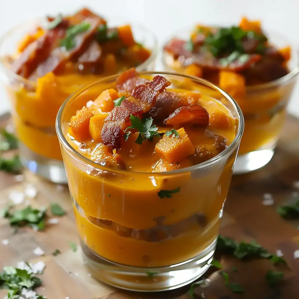 Verrine avec purée de butternut, morceaux de courge et lard croustillant, garnie de coriandre fraîche.