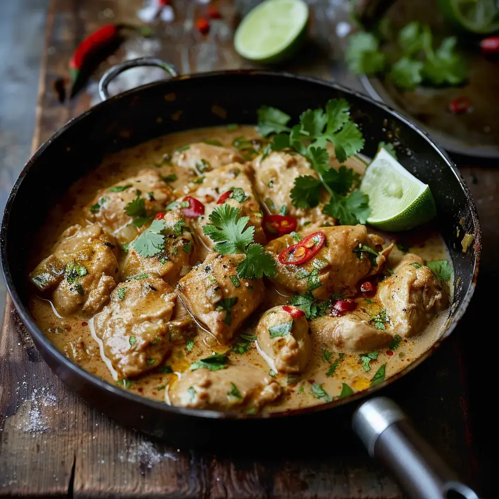 Poulet tendre dans une sauce coco avec coriandre, piment rouge et tranches de citron vert. Plat servi dans une poêle métallique.