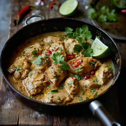 Poulet tendre dans une sauce coco avec coriandre, piment rouge et tranches de citron vert. Plat servi dans une poêle métallique.